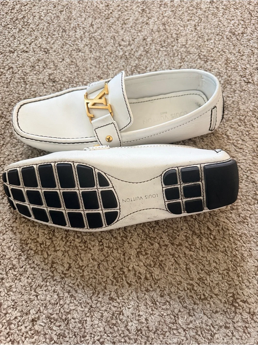 Louis Vuitton White Leather Loafers with Gold LV Hardware